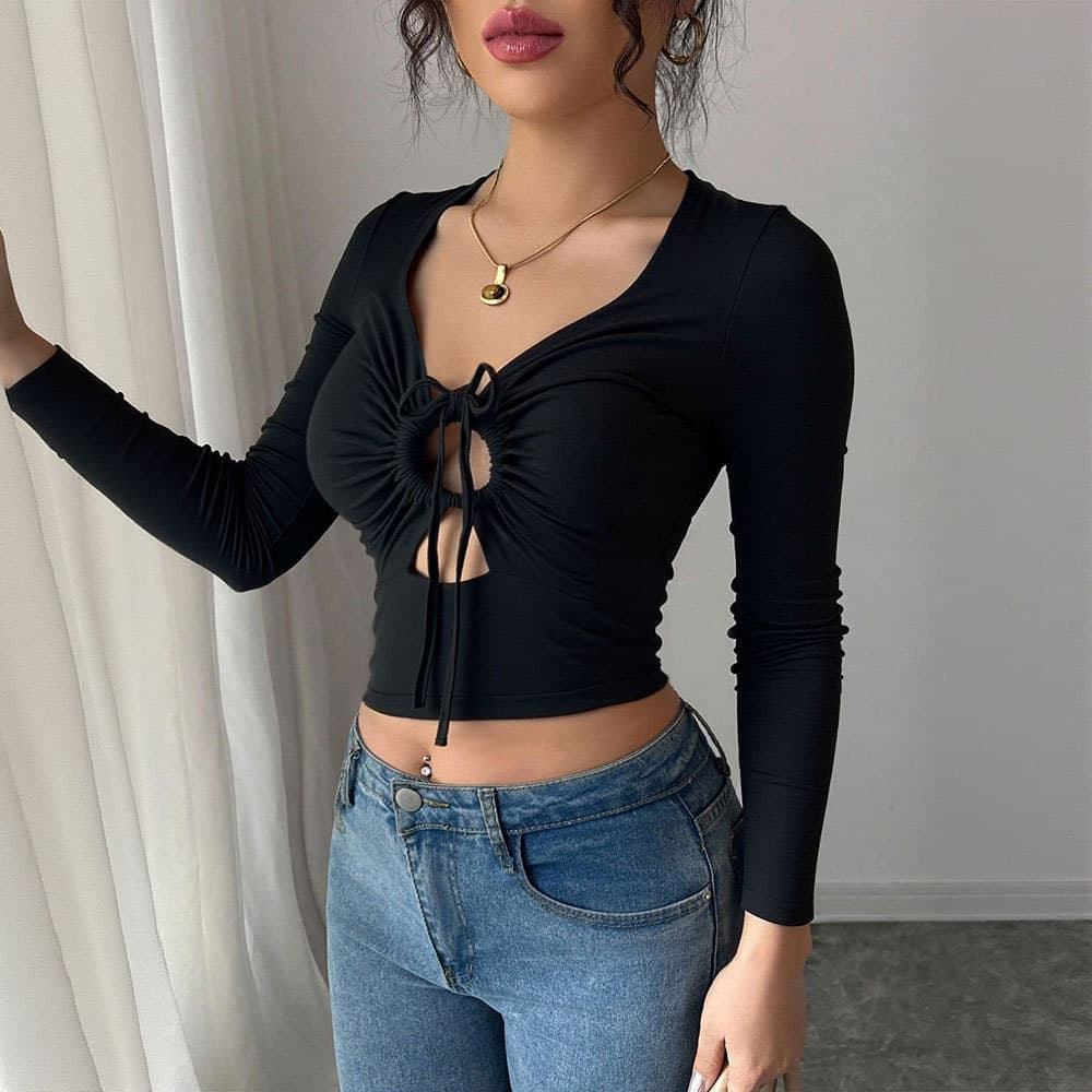 Cross-border European and American tiktok top black large sweetheart collar chest hollow sexy solid color long-sleeved women's T-shirt