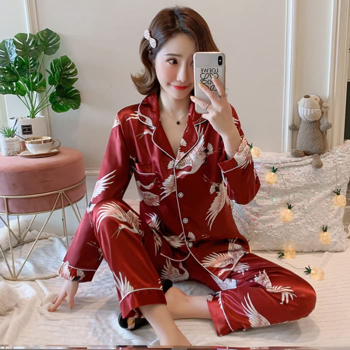 Southeast Asian Korean-style Women's Pajamas Spring/Autumn Ice Silk Cardigan Long Sleeve Imitation Silk Homewear Two-Piece Set Pajamas