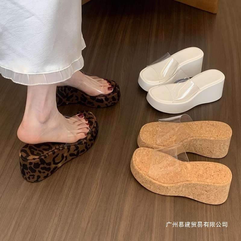 Leopard Print Thick-Soled Slippers for Women's Summer Outer Wear, New Style Fairy Transparent Strap Sandals, Heightening Wedge Heels and High-Heeled Sandals