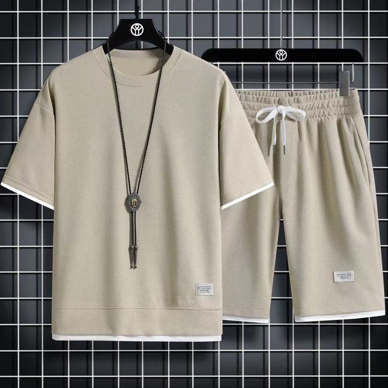 European Size Waffle Summer Casual Sportswear Loose Suit Men's Summer Korean Style Trendy Short-Sleeved T-Shirt Two-Piece Set