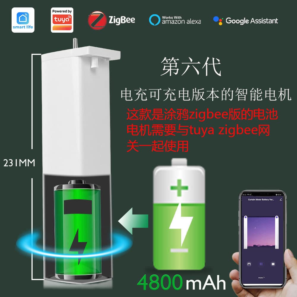 Tuya Zigbee lithium battery smart curtain motor, wireless installation, rechargeable via Type-C 5V.