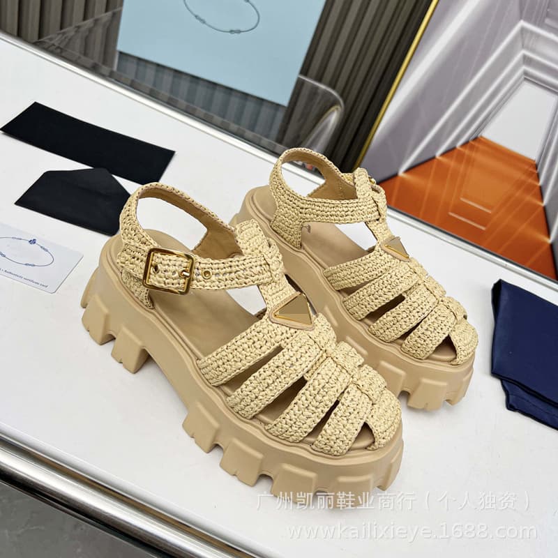 2025 P-House New Serrated Roman Woven Sandals Versatile Ultra-Light Thick Sole Sandals Triangle Logo Beach Sandals