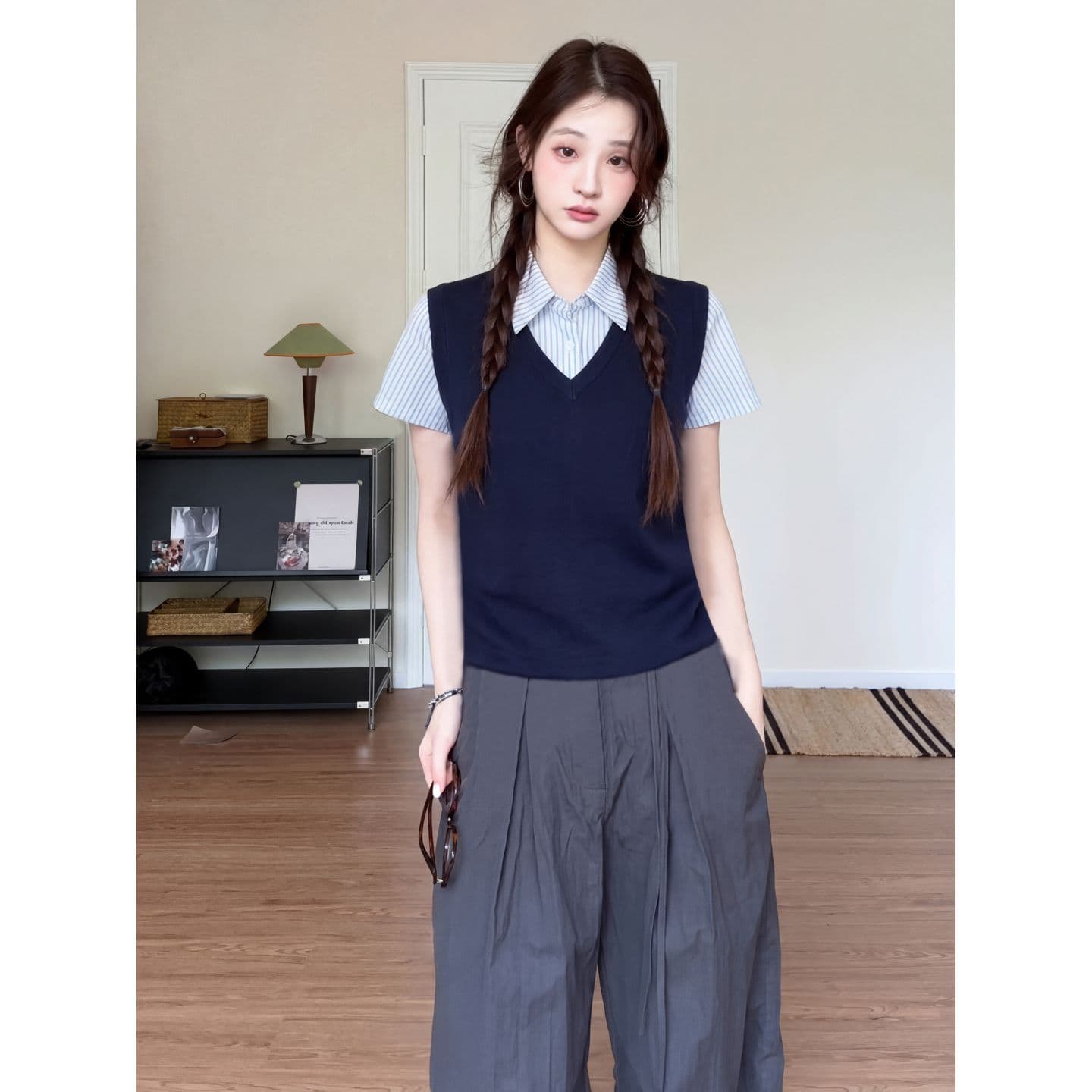 2026 American Retro Faux Layered Spliced Short Sleeve Shirt Summer Slim Fit Casual Trendy Blouse for Women