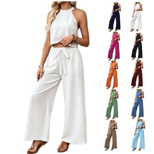 2026 European and American Cross-Border Women's Spring/Summer Solid Color Sleeveless Halter Two-Piece Set Casual Vest Wide-Leg Pants Long Pants Set