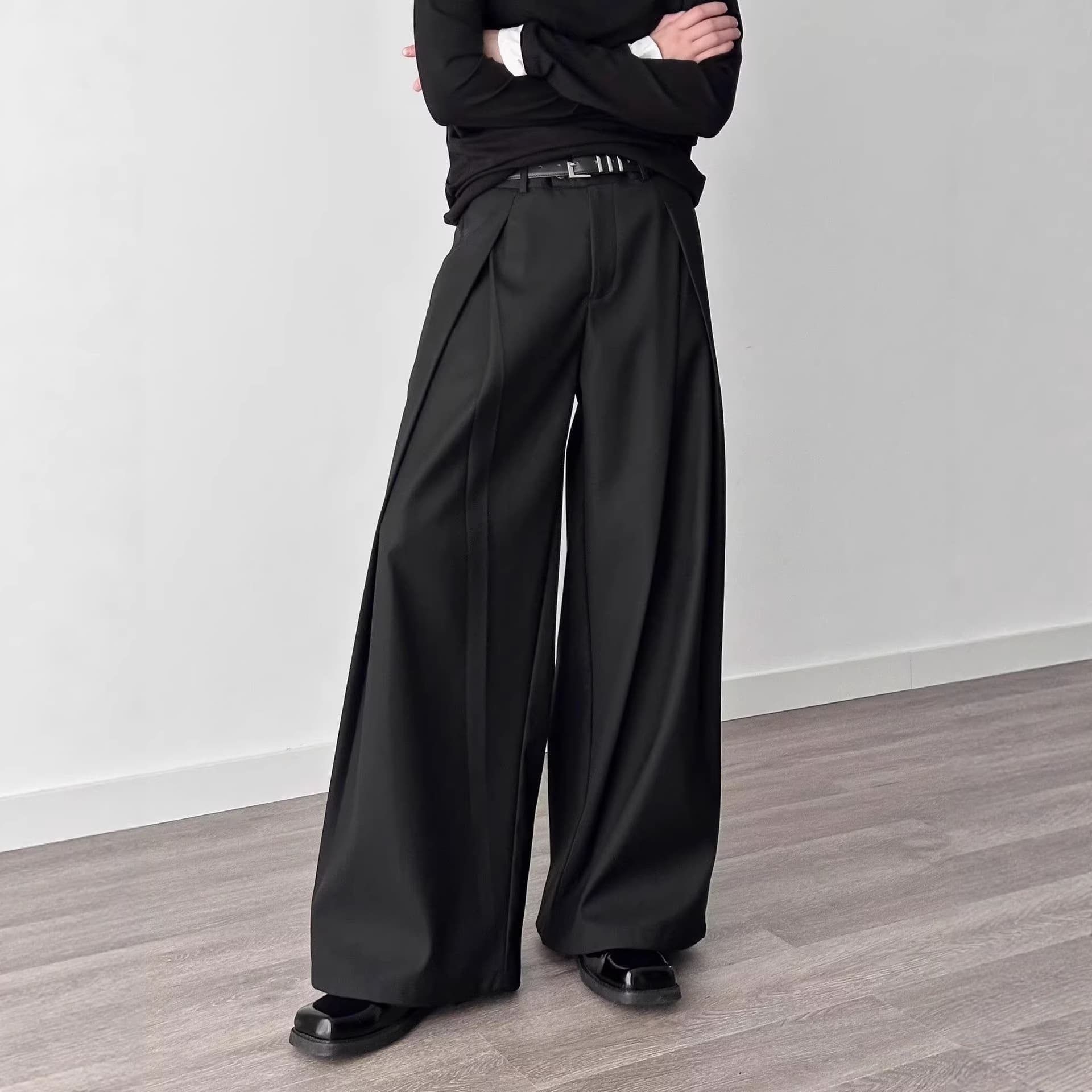 American High Street Retro Gray Pleated Curved Casual Pants Versatile Street Style Loose Wide-Leg Drapey Floor-Length Suit Pants