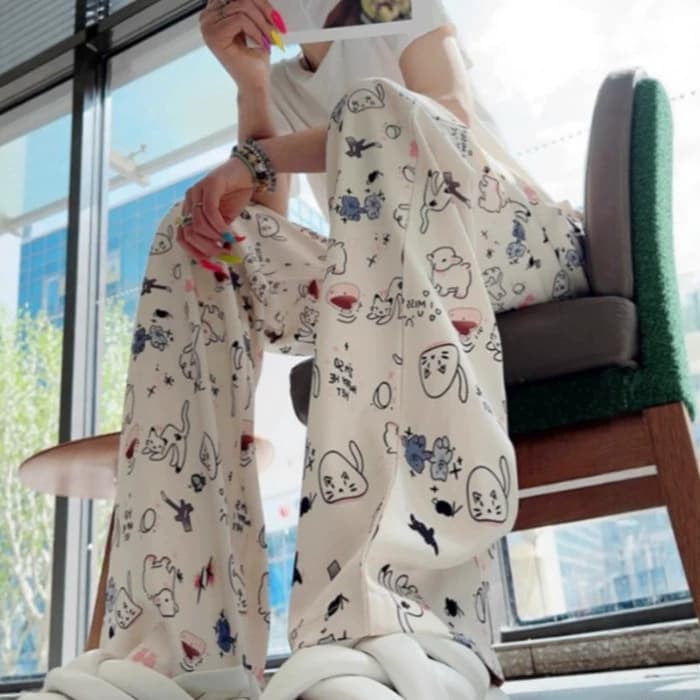 Cross-border Cartoon Graffiti Printed Wide Leg Pants Women's 2026 Summer Thin Ice Silk Walking Pants Sports and Leisure Pants