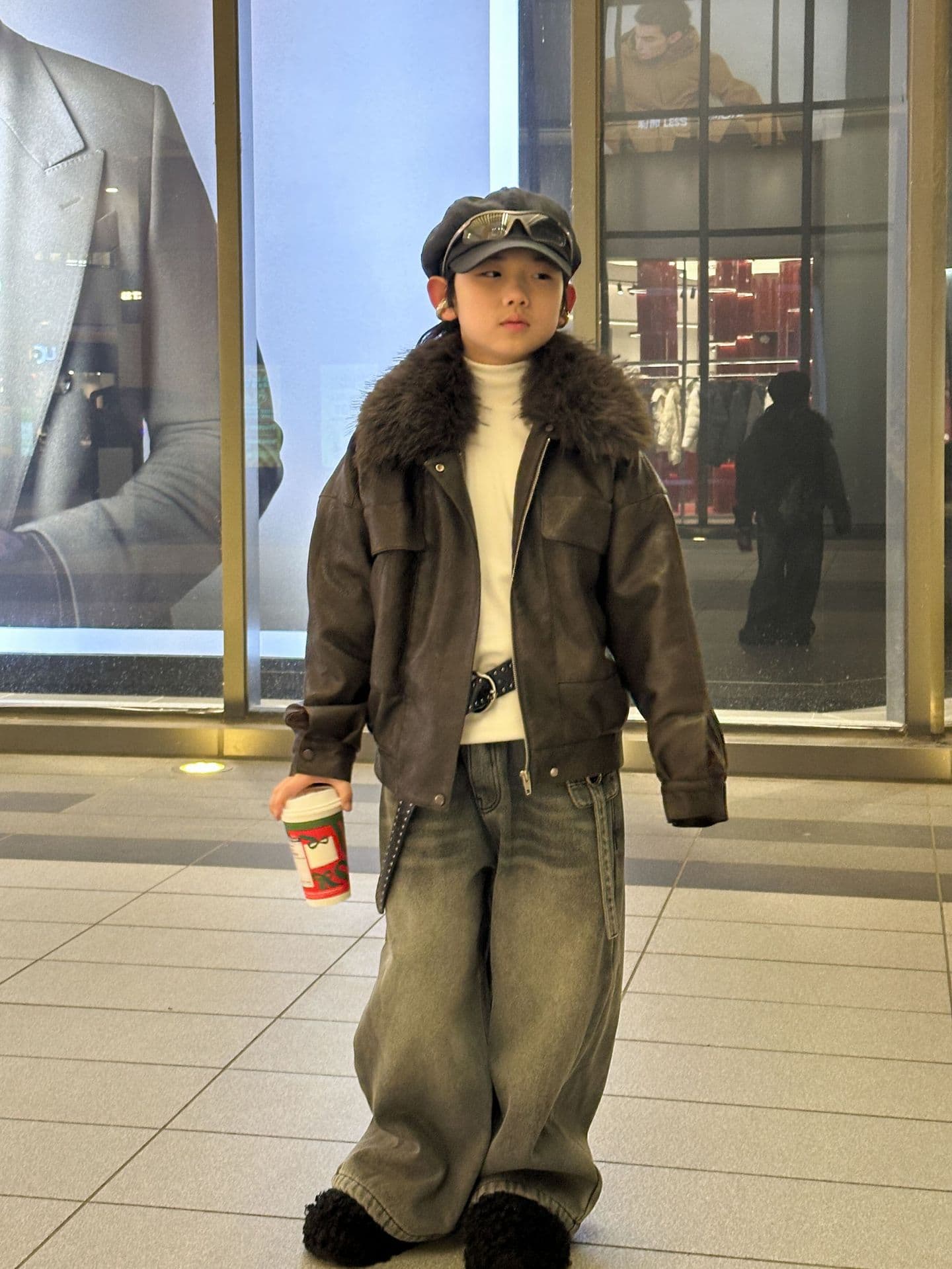 Children's clothing 25 years winter leather coat fur collar boys Korean style jacket big children rabbit fur lining thickened warm new year clothing trend