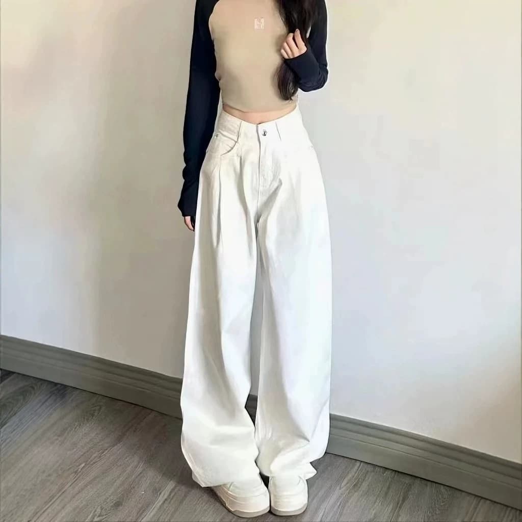 American high street white wide-leg jeans for women, new high-waisted wide-leg loose and versatile trousers that look slim and drapey
