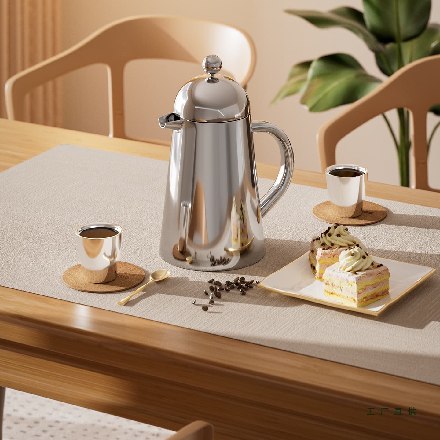 European stainless steel coffee French press, double-layer home manual French filter coffee maker, tea infuser with heat insulation.