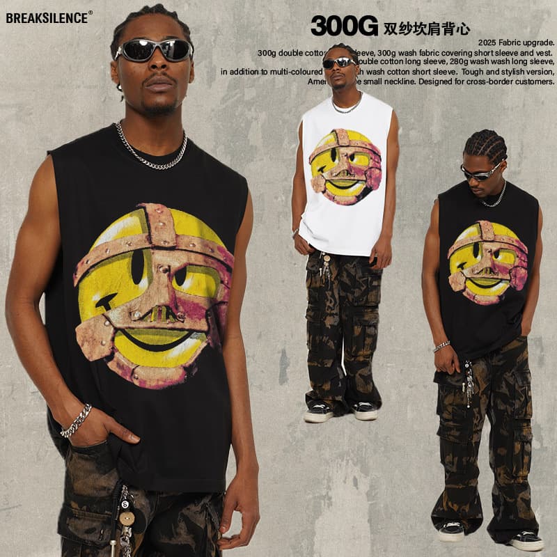 2025 Cross-Border Summer Mankind WWE American Retro High Street Round Neck Waistcoat Vest T-Shirt Printed Vest for Men