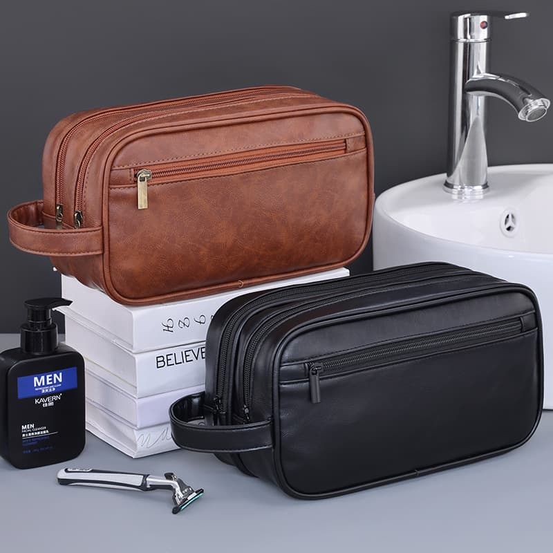 Cross-border Double-layer Portable Toiletry Bag for Travel, Simple Men's Makeup Bag, Waterproof PU Cosmetic Storage Bag