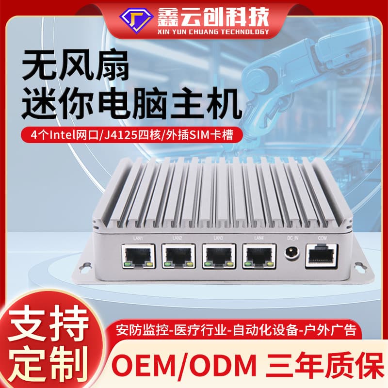 Custom Fanless Mini PC Host with J4125 Quad-Core Low-Power Processor, SIM Card Slot Supporting 4G/5G