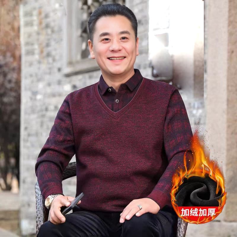 2025 New Style Middle-Aged and Elderly Men's Fleece-Lined Thickened Fake Two-Piece Dad Outfit, 40-60 Years Old Base Layer Warm Clothing