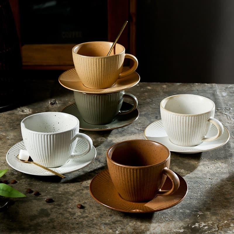 Vintage Japanese Vertical Grain Ceramic Coffee Cup and Saucer Set 280ml Cappuccino Latte Cup High Appearance Hand-Pulled Latte Art Cup