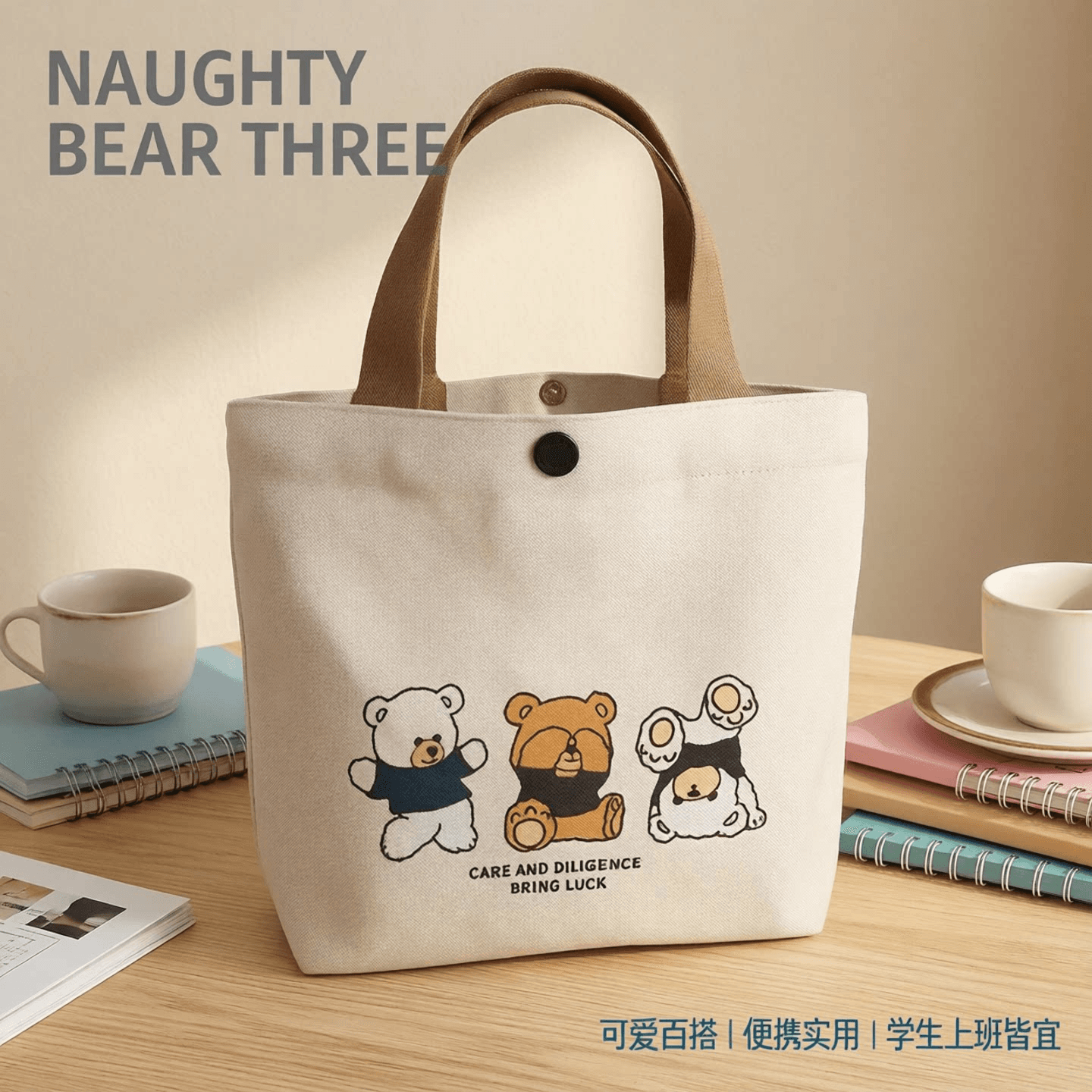 New Bear Canvas Bag Women's Printed Versatile Student Portable Work Handbag Lunch Bag Tote