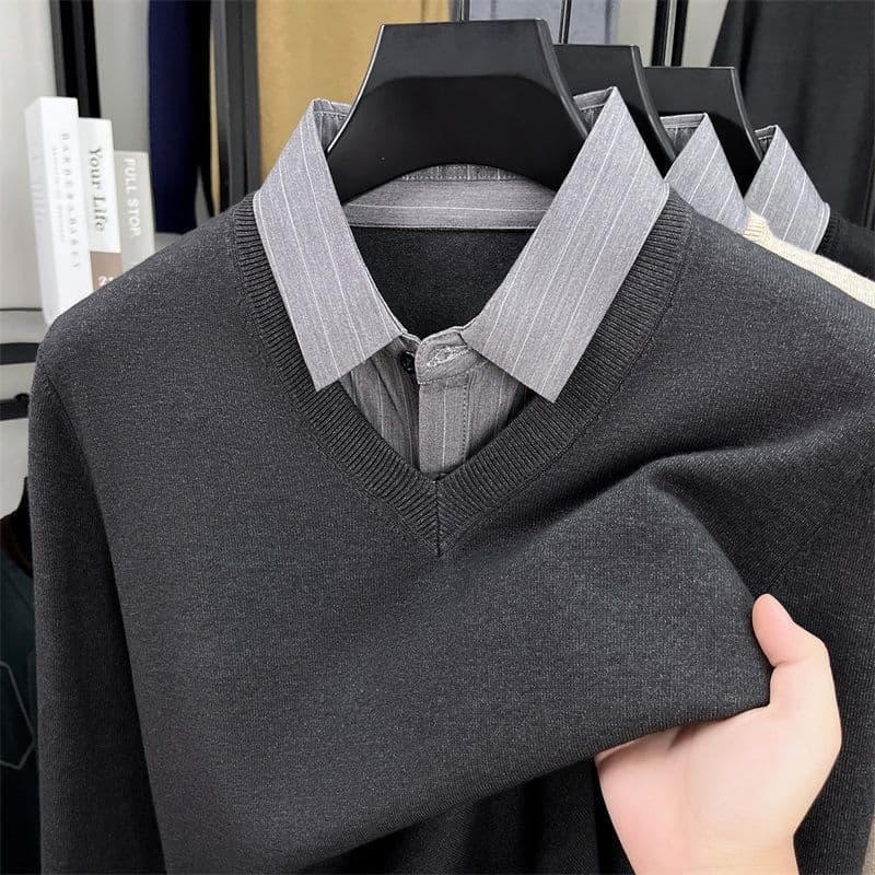 Autumn Winter Men's Two-Layer Thermal Wool Sweater, Mid-Age Shirt Collar Knit Casual Business Base Layer Top