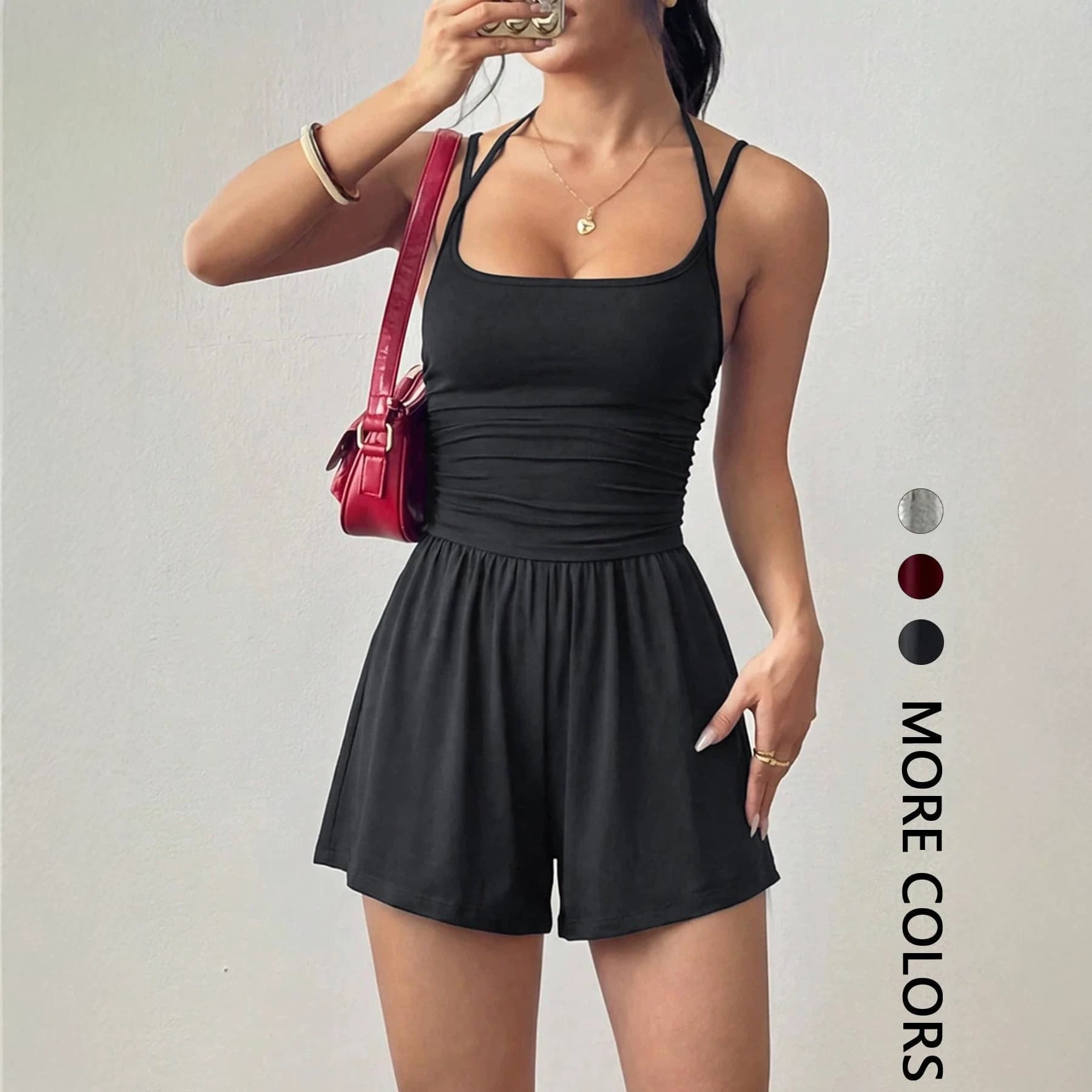 Solid Color Women's Simple Milk Silk Jumpsuit Shorts Fashion One-Piece Pants for Cross-Border European and American Style