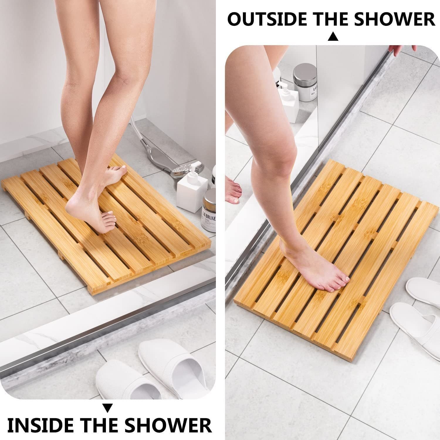 Household Bamboo Bathroom Mat Bamboo Wood Non-Slip Bathroom Mat Waterproof Wooden Bathroom Mat Suitable for Bathroom Doorway Use