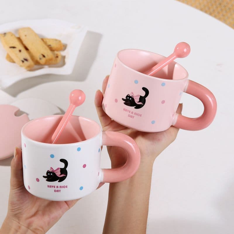 Creative Ceramic Cup Cute Cup for Women Mug Office Tea Cup Household Water Cup Breakfast Cup with Lid and Spoon