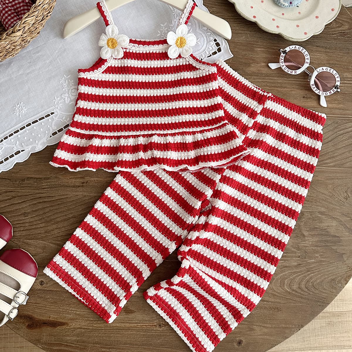 Baby Girls Clothes 0-3Y Summer Textured Flower Camisole Top + Long Pants 2-Piece Set In Stock