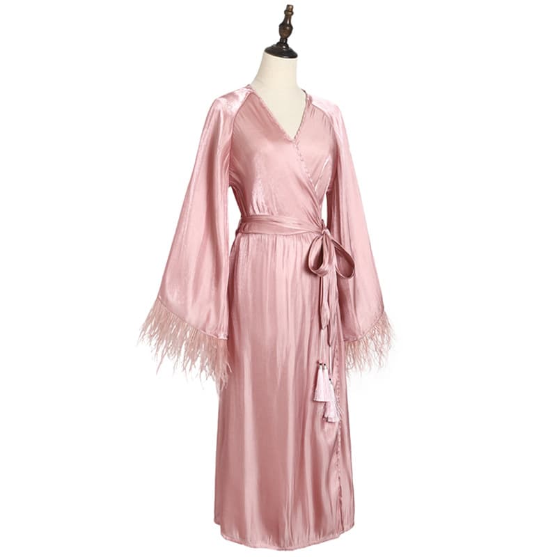 Original Flowing Design Ostrich Feather Morning Robe for Women, New Arrival Vacation Style, Waist-Tied Slim Fit Long Bride Morning Robe