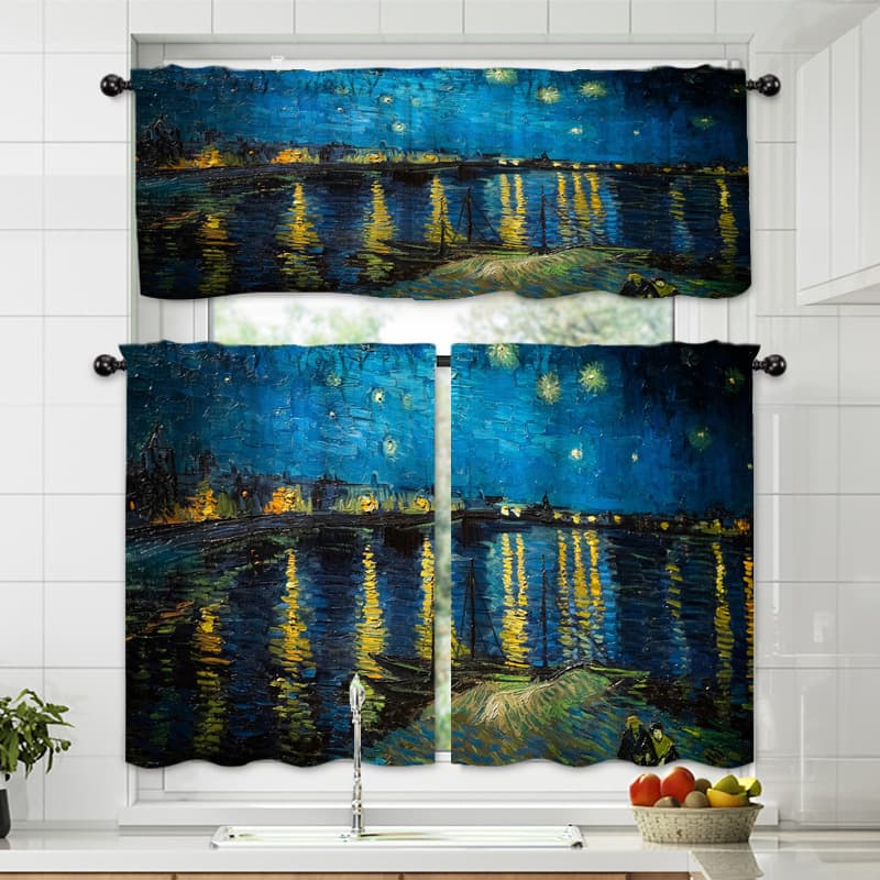 Customized art oil painting of city lakeside in lights printed decorative valance curtains half blackout curtains