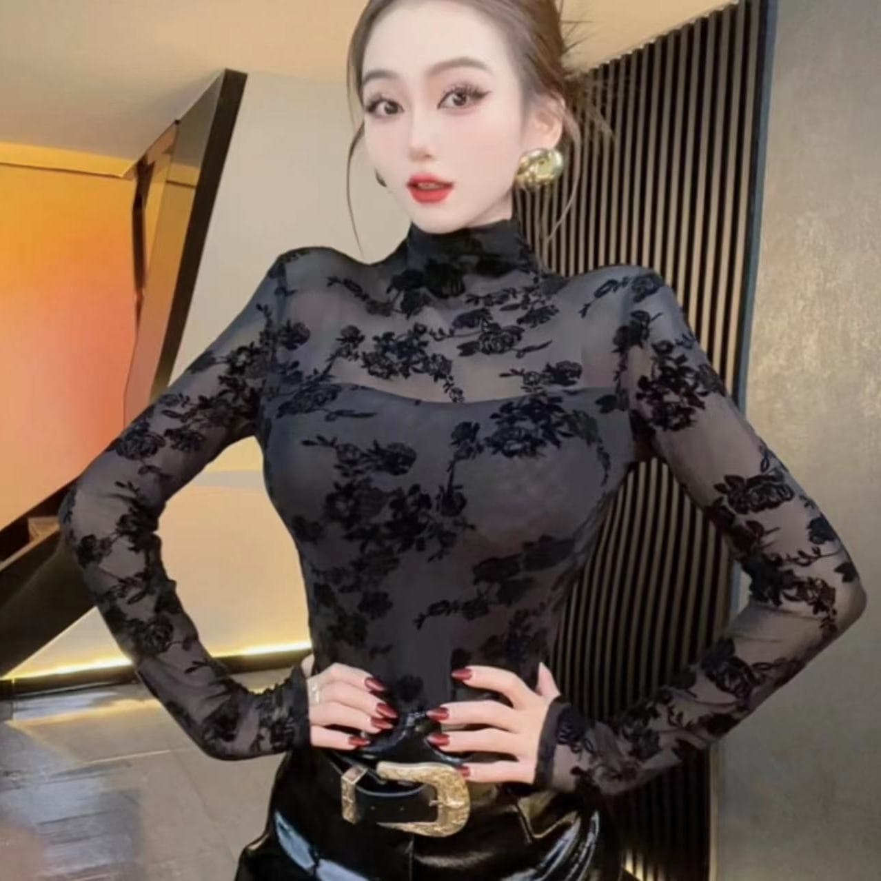 European half turtleneck floral lace shirt for women 2025 spring and summer sexy slightly see-through long-sleeved bottoming shirt with inner top and others