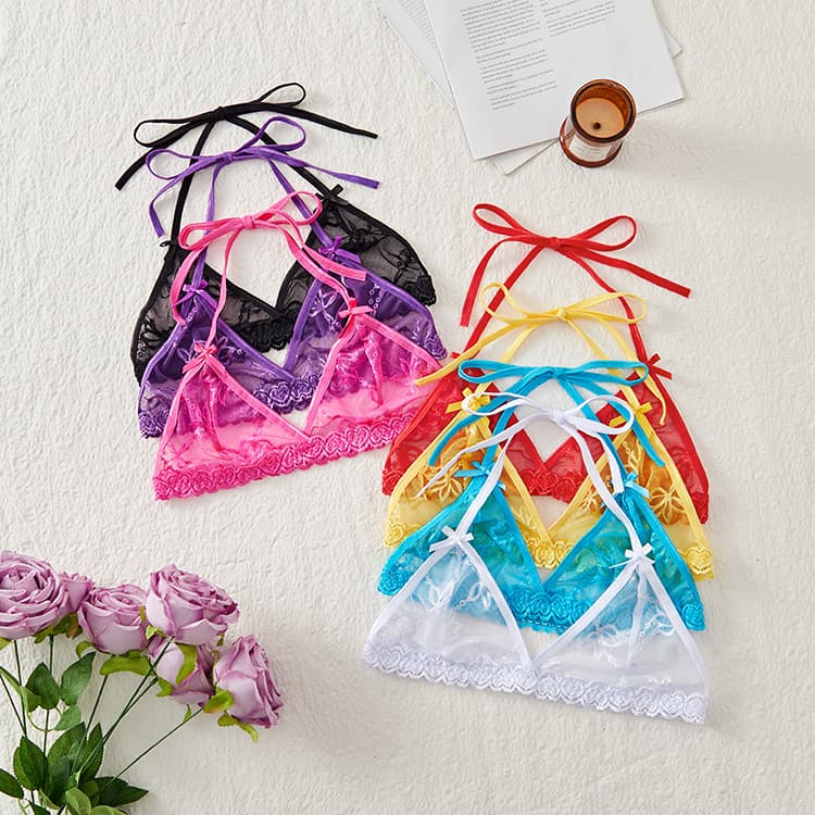 European and American style sexy lace-up triangle cup bra, see-through erotic lace bar 8811A