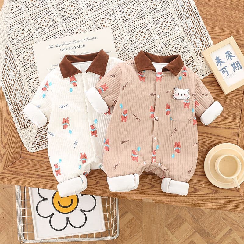 Thickened Long Sleeve Fleece Lined Baby Romper Balloon Bear Cotton Yarn Thin Cotton Baby Bodysuit Winter Warm Baby Clothes