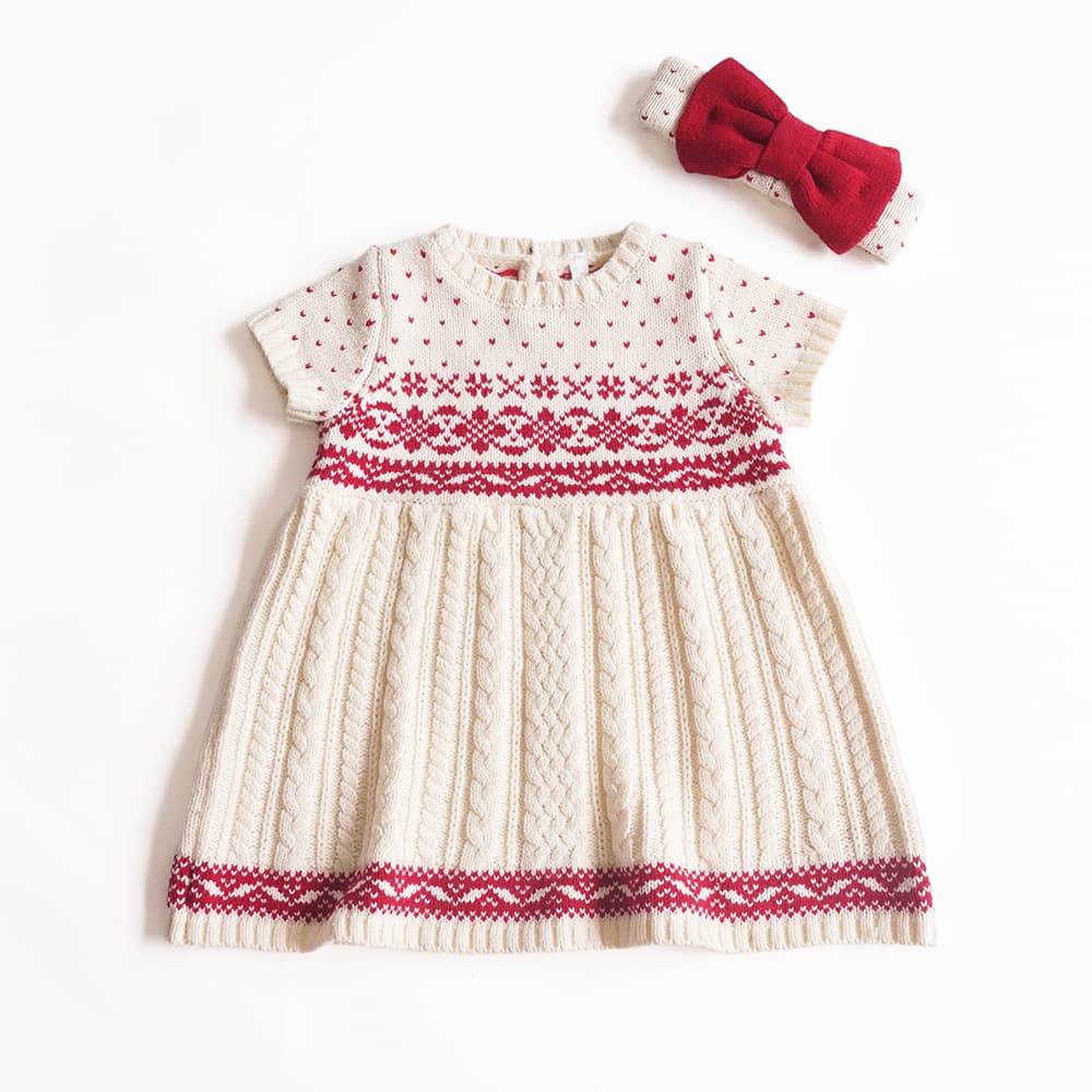 Baby Sweater Newborn Baby Girl 3-6-12 Months Short Sleeve Knitted Sweater Dress Red Hair Band Set