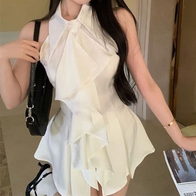 Summer niche mid-length shirt for women white French ruffled polo collar sleeveless shirt top for women