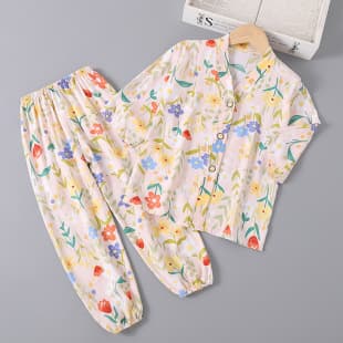 Summer Girls Cotton Silk Pajamas Seven-Quarter Sleeve Children Cotton Silk Boys Girls Home Wear Air Conditioning Suit Set