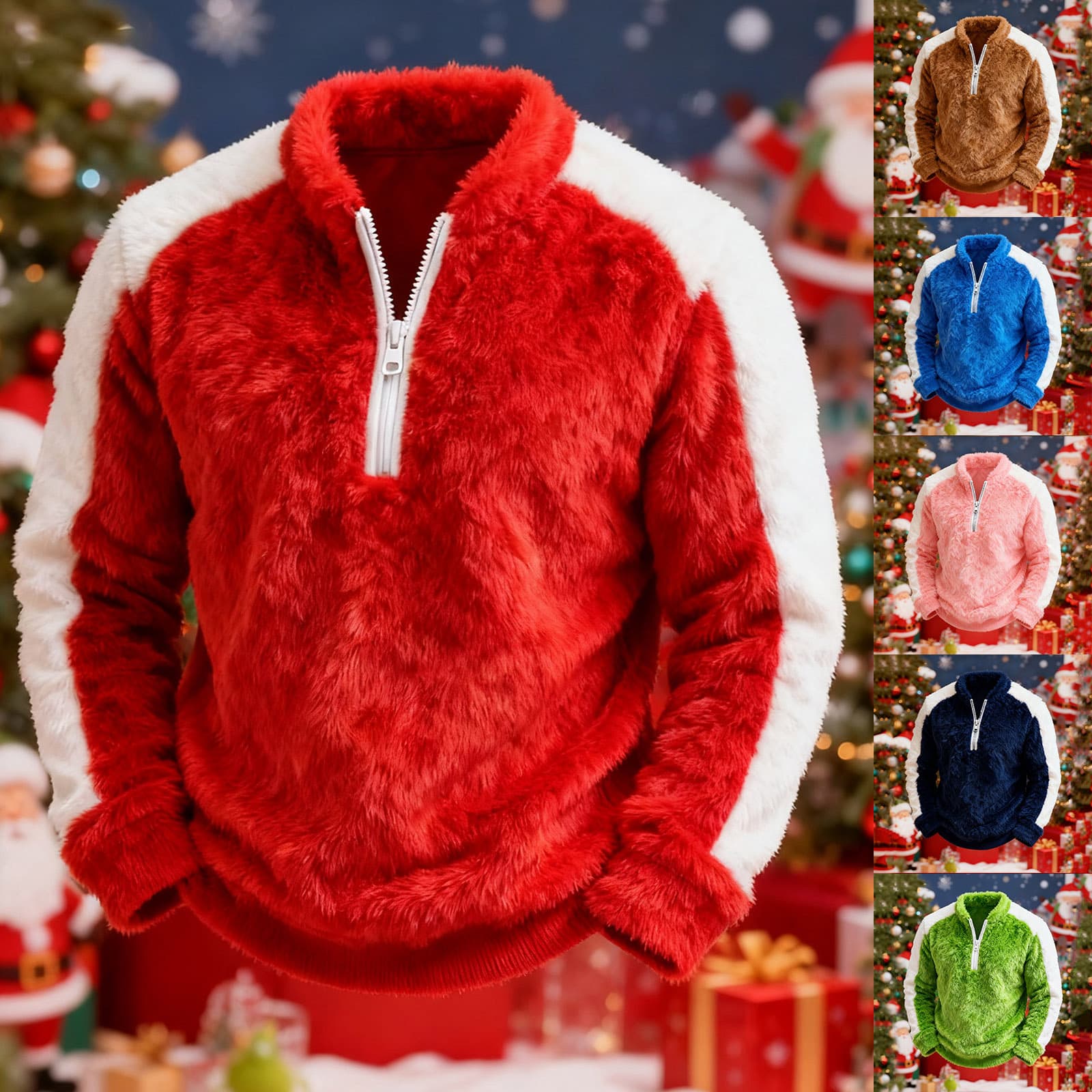 2025 Cross-border Amazon Men's Autumn/Winter New Style Plush Anti-Pilling Casual Fashion Half-Zip Christmas Edition