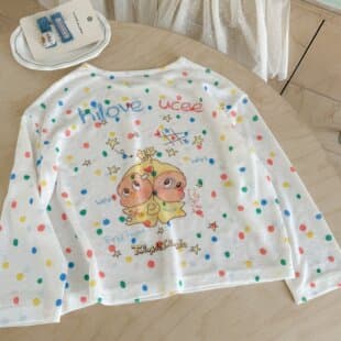 2026 Spring Girls' Polka Dot Long Sleeve Cover-Up Casual Kids Quick-Dry Top Baby Thin Cartoon Print T-Shirt