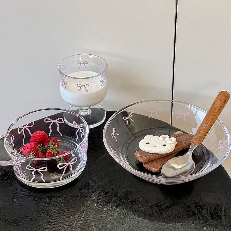 Bowknot Cup and Bowl Set, Glass Cup, Cold Brew Cup, Ins-Style Girly Fruit Dessert Bowl, Plate, Glass Cup and Bowl