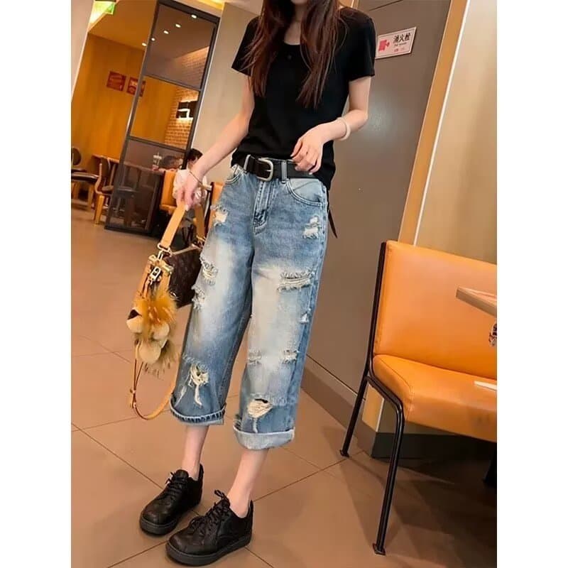 Large size ripped wide leg jeans for women summer thin 2026 new fat mm slimming loose eight-point straight pants
