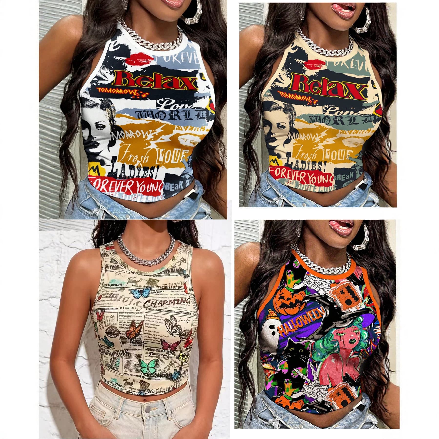 003 Summer Cross-Border New Women's Full Body Print Letter T-Shirt Top Women's Sleeveless T-Shirt