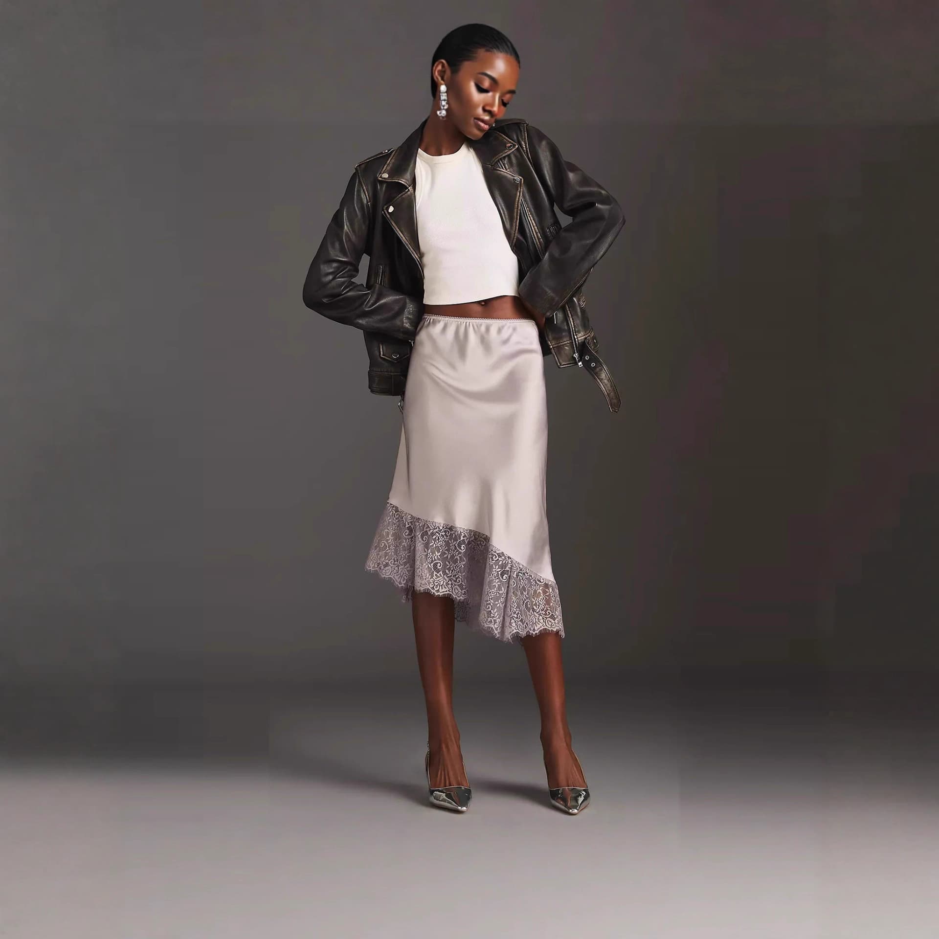 S32354 Cross-border European and American lace splicing skirt 2025 summer solid color satin lace skirt for women