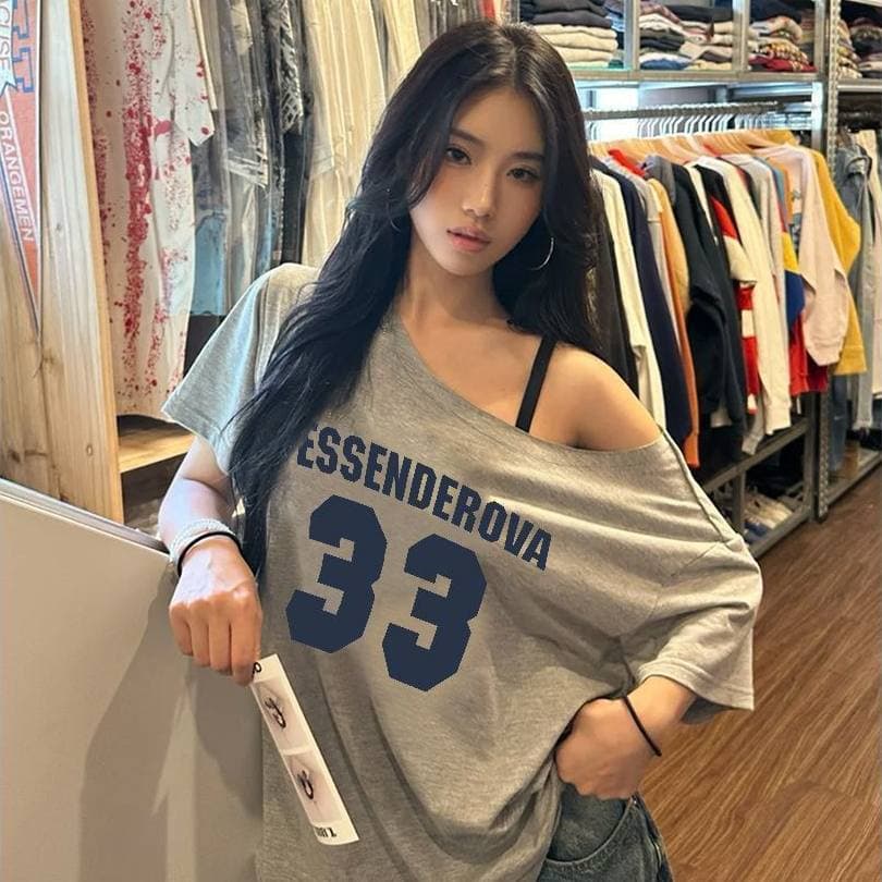 American Design Creative Sports Digital Print Off-Shoulder Short Sleeve T-Shirt for Women Summer Loose One-Shoulder Top