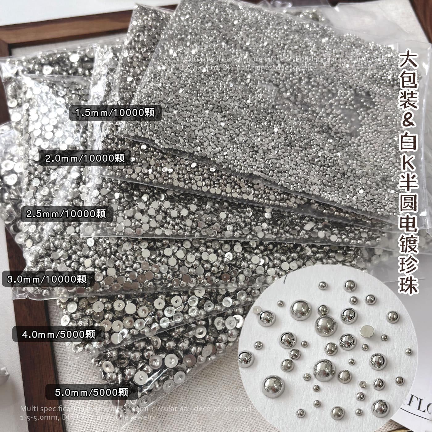 White K Electroplated Pearl Nail Art Decorations Large Packaging Cross-Border Hot-Selling Silver Flat-Bottomed Half-Round Pearl Rhinestones DIY Small Accessories
