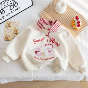 Children's Wear Girls 2026 New Sweatshirt Spring Grid Polo Collar Cartoon Print Kids Top Baby Clothes