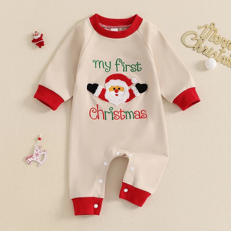 European and American Christmas Spring/Autumn New Cartoon Santa Letter Towel Embroidery Long-Sleeve Crotch-Opening Bodysuit