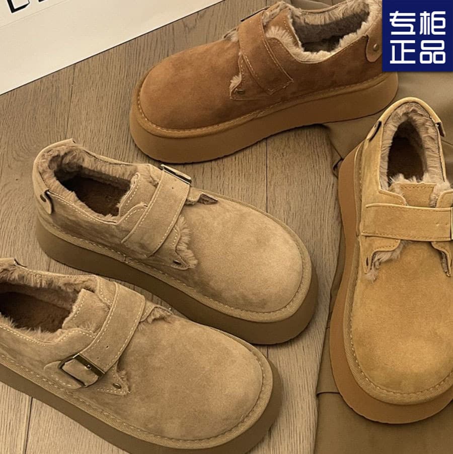 Birkenstock Cotton Shoes for Women, Winter Plush Lined Outdoor Wear 2024 New Style Slip-On Thick Sole Height Increase Big Head Loaf Snow Boots