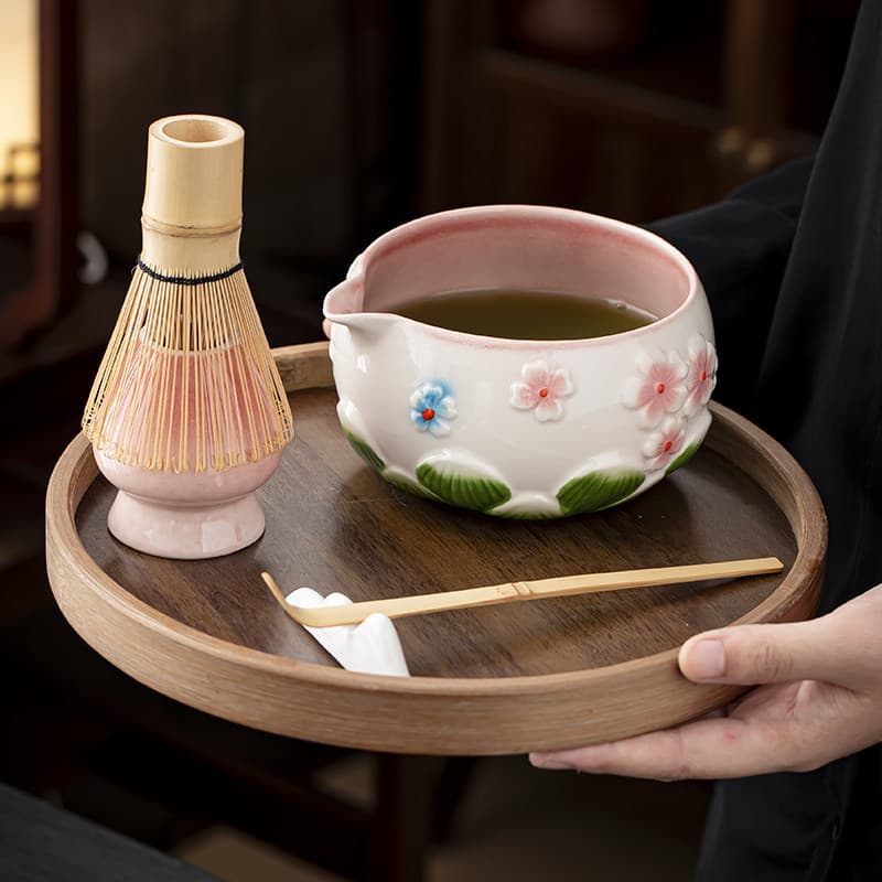 Hand-painted Flower Matcha Bowl with Spout Matcha Tool Set, Song-style Tea Whisk Stand Set, Hundred-Bristle Whisk