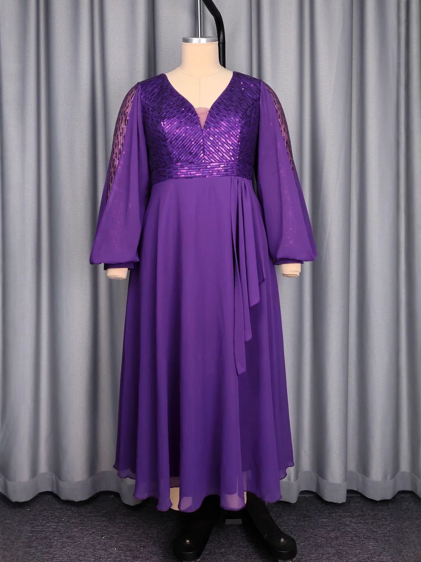 Plus Size Women's Sequin Patchwork Long Sleeve Dress V-Neck High Waist Slimming Banquet Elegant Dresses