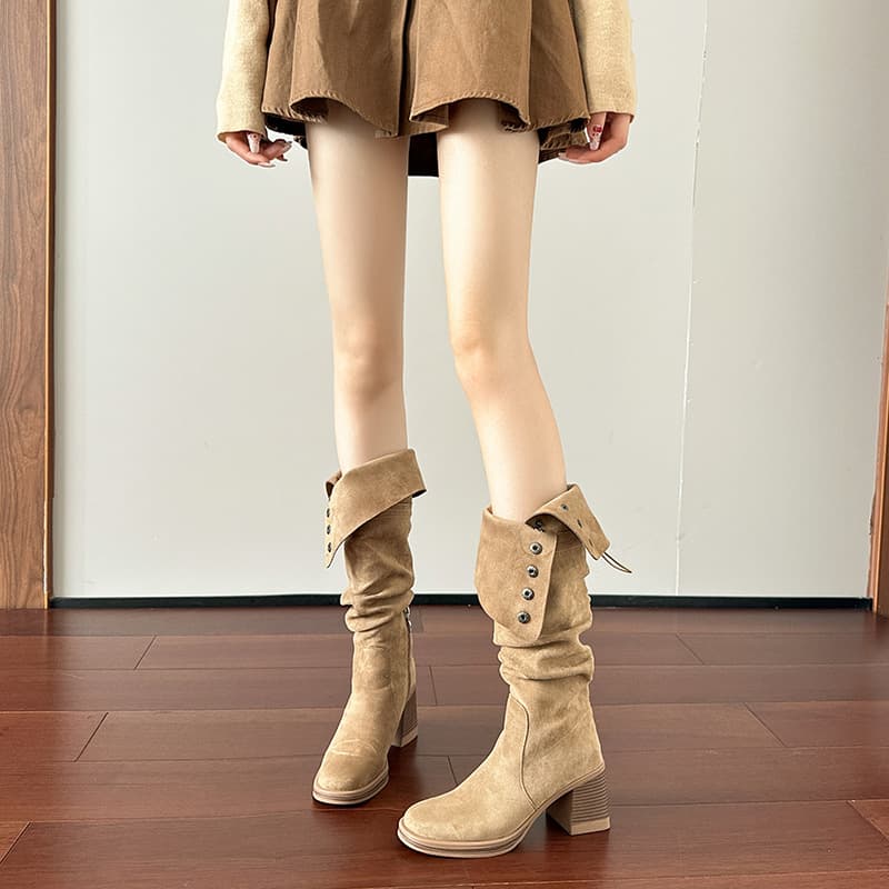 Suede Vintage Two-Way Foldable High-Heel Stacked Boots Long Boots Thick Sole Chunky Heel Slim Maillard Western Cowboy Boots