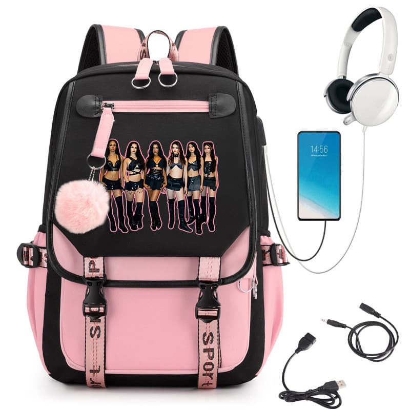 Katseye Girl Group Idol Backpack, Pom Pom Charm Large Capacity Backpack Drop Shipping 60707