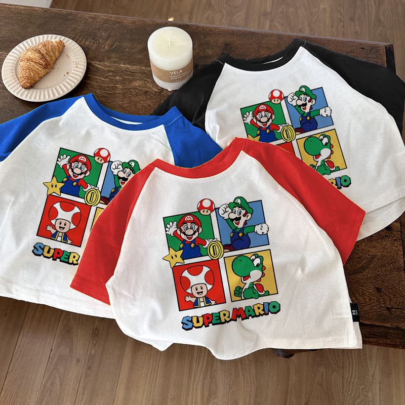 Pure Cotton Kids Cute Baby Cartoon Mario Short Sleeve T-Shirt Summer 2026 New Style for Toddler Boys and Girls