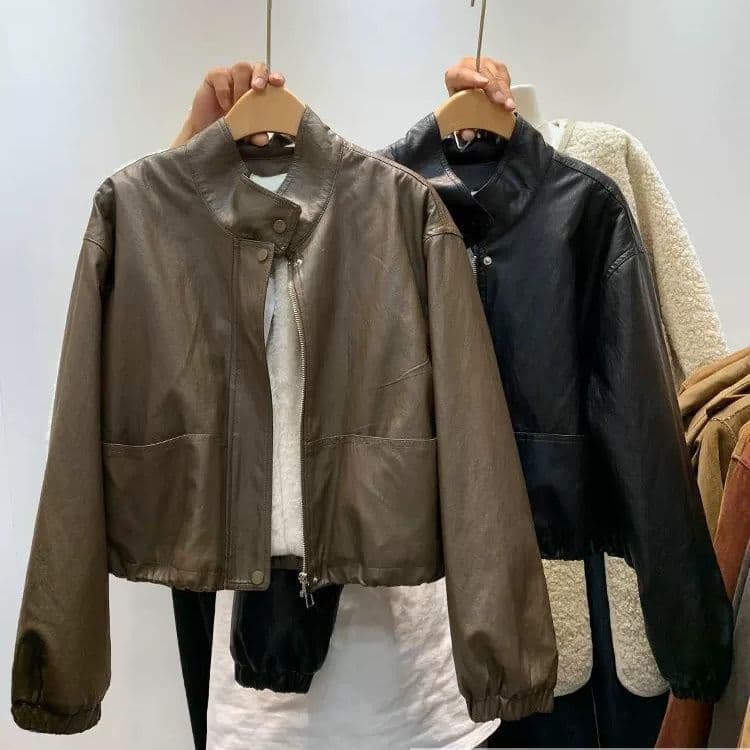 Korean-style Stand Collar Faux Leather Jacket with Fleece Lining for Women, Winter Drawstring Waist Motorcycle Coat, Thickened Warm Jacket
