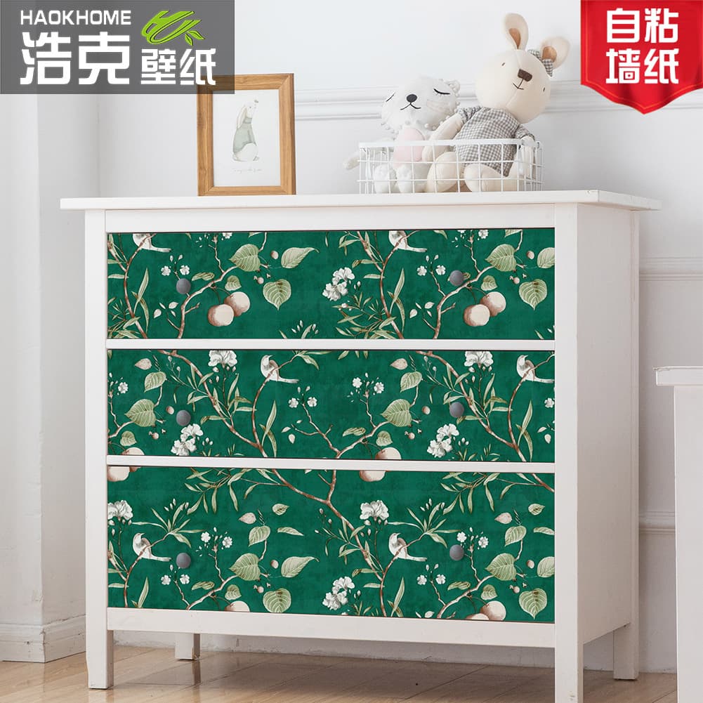 3 meters old vintage dark green flowers and birds self-adhesive wallpaper B&B bedroom renovation waterproof easy-to-stick furniture renovation stickers